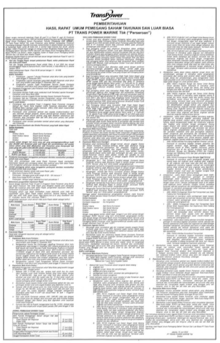 Hasil RUPS Trans Power Marine Tbk (TPMA) 10 Juni 2022 - Dataindonesia.id